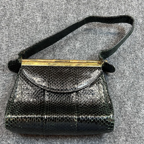 By Alan Handbags - Vintage Dark Green Snake Lizard Skin Handbag with Clasp Closure By Alan Reptile